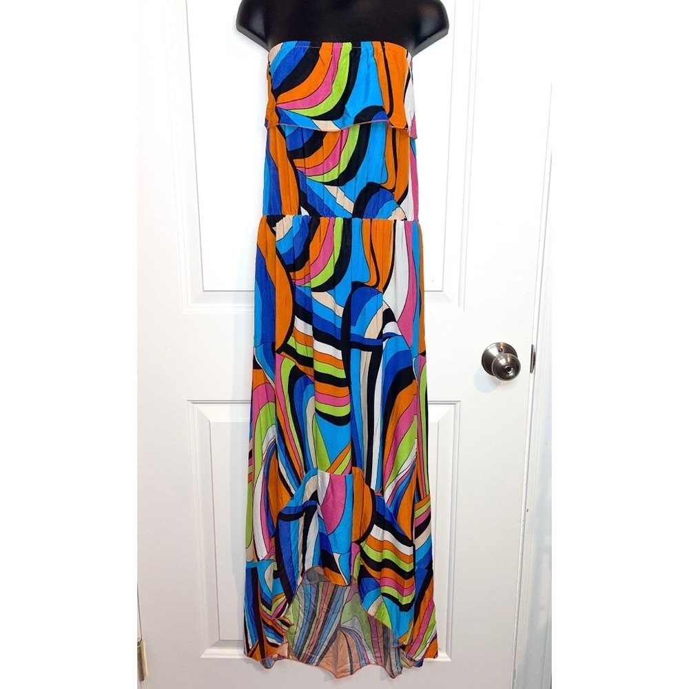 Cristinalove Strapless High-Low Maxi Dress in Blue, Orange, Green & Pink